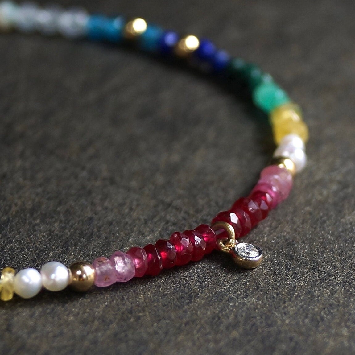 14K: Diamond & Rainbow Bracelet | 2mm | Natural Diamond Charm | Rainbow Gemstone | Boho| Ombre  | Fine Jewelry | Multi Color