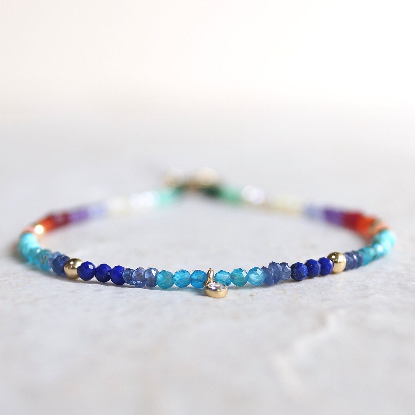 14K: Diamond & Multi Gemstone Bracelet | 2mm | Natural Diamond Charm | Rainbow Bracelet | Bohemian| Ombre  | Fine Jewelry | Apatite Bracelet