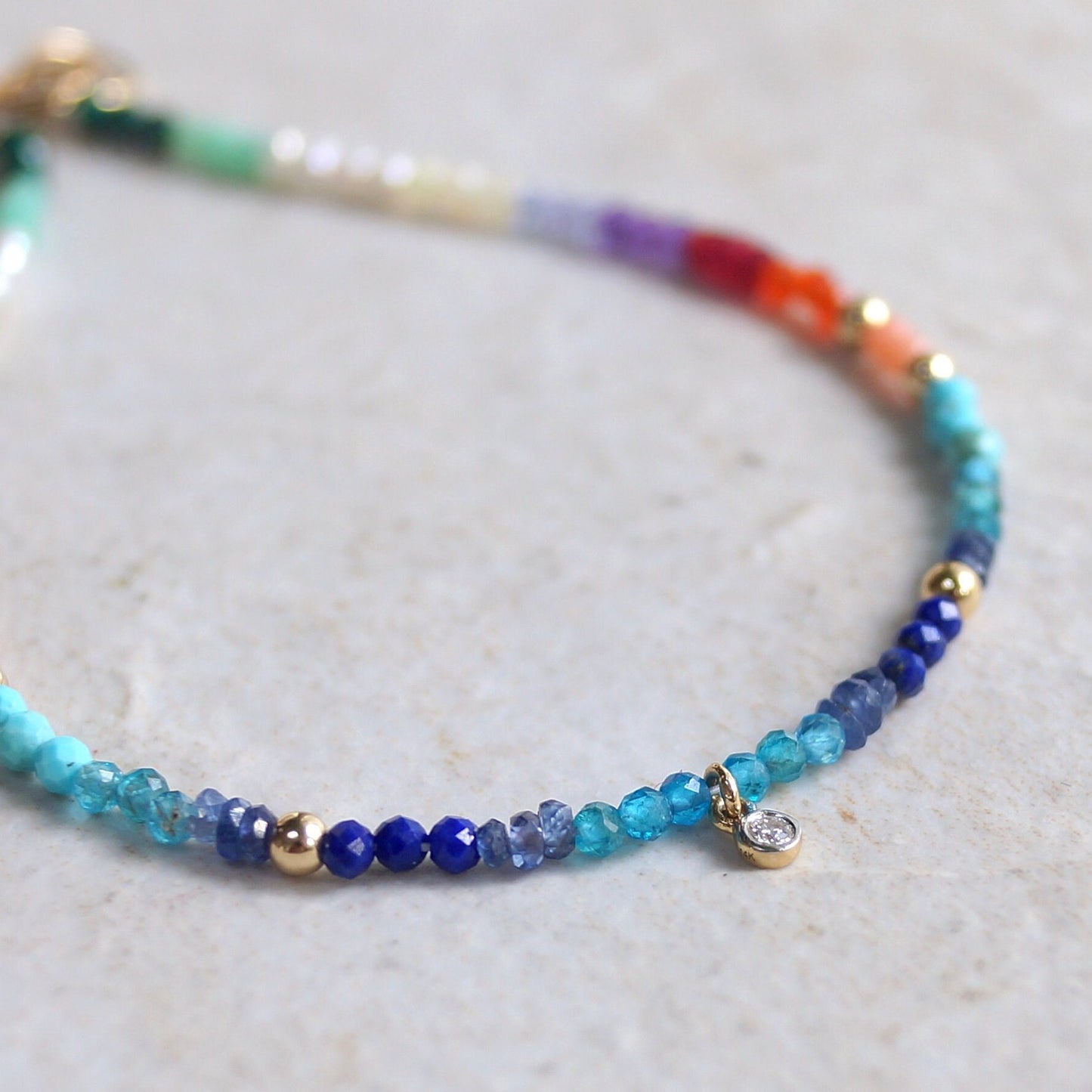 14K: Diamond & Multi Gemstone Bracelet | 2mm | Natural Diamond Charm | Rainbow Bracelet | Bohemian| Ombre  | Fine Jewelry | Apatite Bracelet