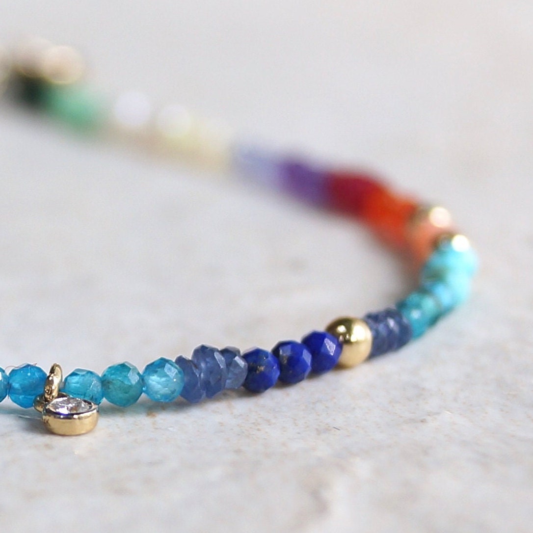 14K: Diamond & Multi Gemstone Bracelet | 2mm | Natural Diamond Charm | Rainbow Bracelet | Bohemian| Ombre  | Fine Jewelry | Apatite Bracelet