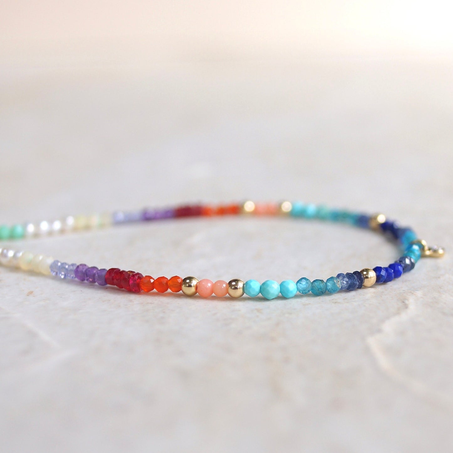 14K: Diamond & Multi Gemstone Bracelet | 2mm | Natural Diamond Charm | Rainbow Bracelet | Bohemian| Ombre  | Fine Jewelry | Apatite Bracelet