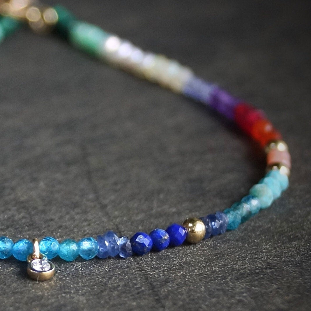 14K: Diamond & Multi Gemstone Bracelet | 2mm | Natural Diamond Charm | Rainbow Bracelet | Bohemian| Ombre  | Fine Jewelry | Apatite Bracelet