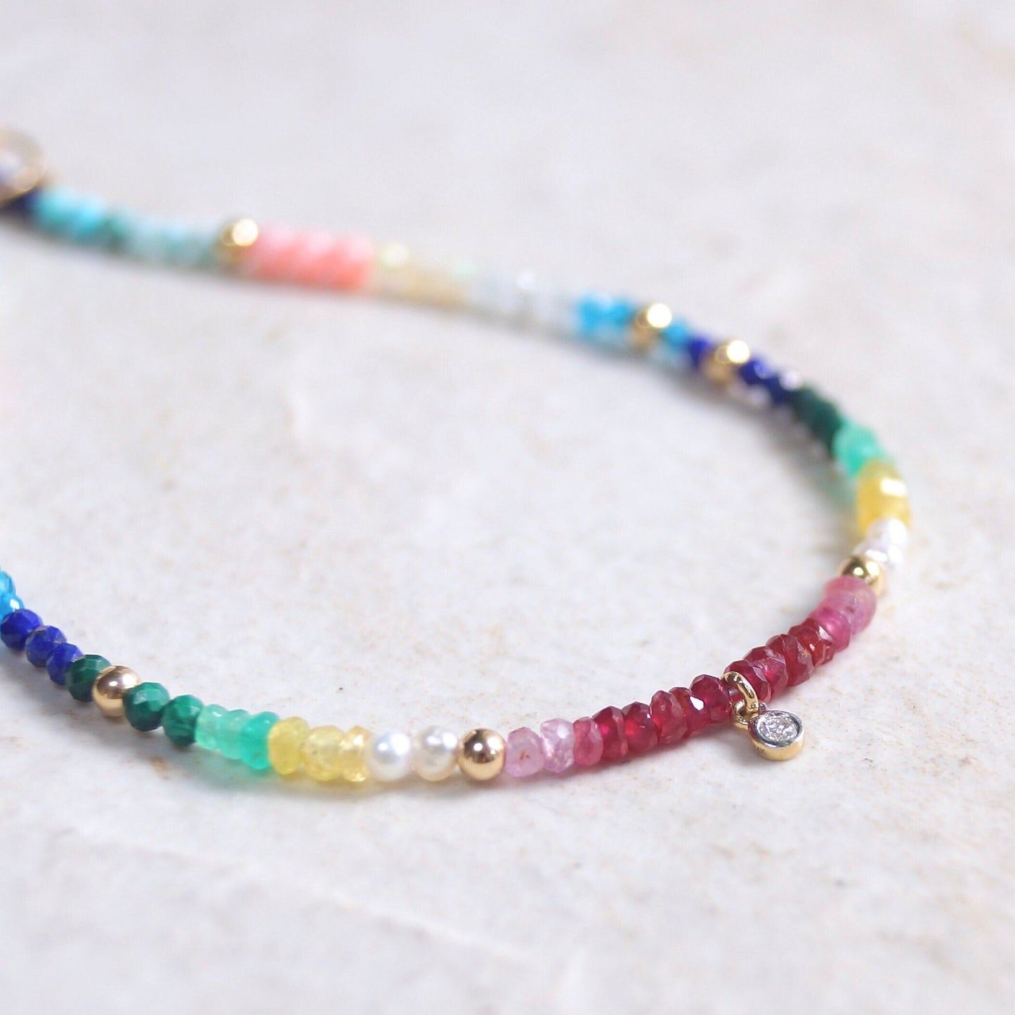 Diamond & Rainbow Bracelet 14K Gold | 2mm | Natural Diamond Charm | Multi Gemstones | Bohemian| Ombre  | Fine Jewelry | Multi Color