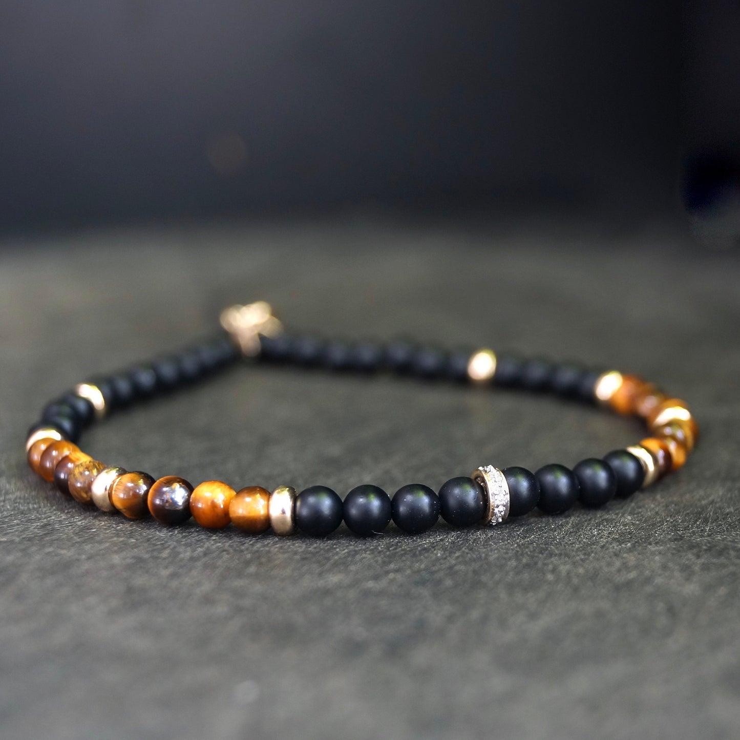 14K Solid Gold: Diamond & Tiger's Eye Bead Bracelet | 4mm | Natural Diamond |Black Gemstone |Fine Jewelry |For Him |Black Onyx