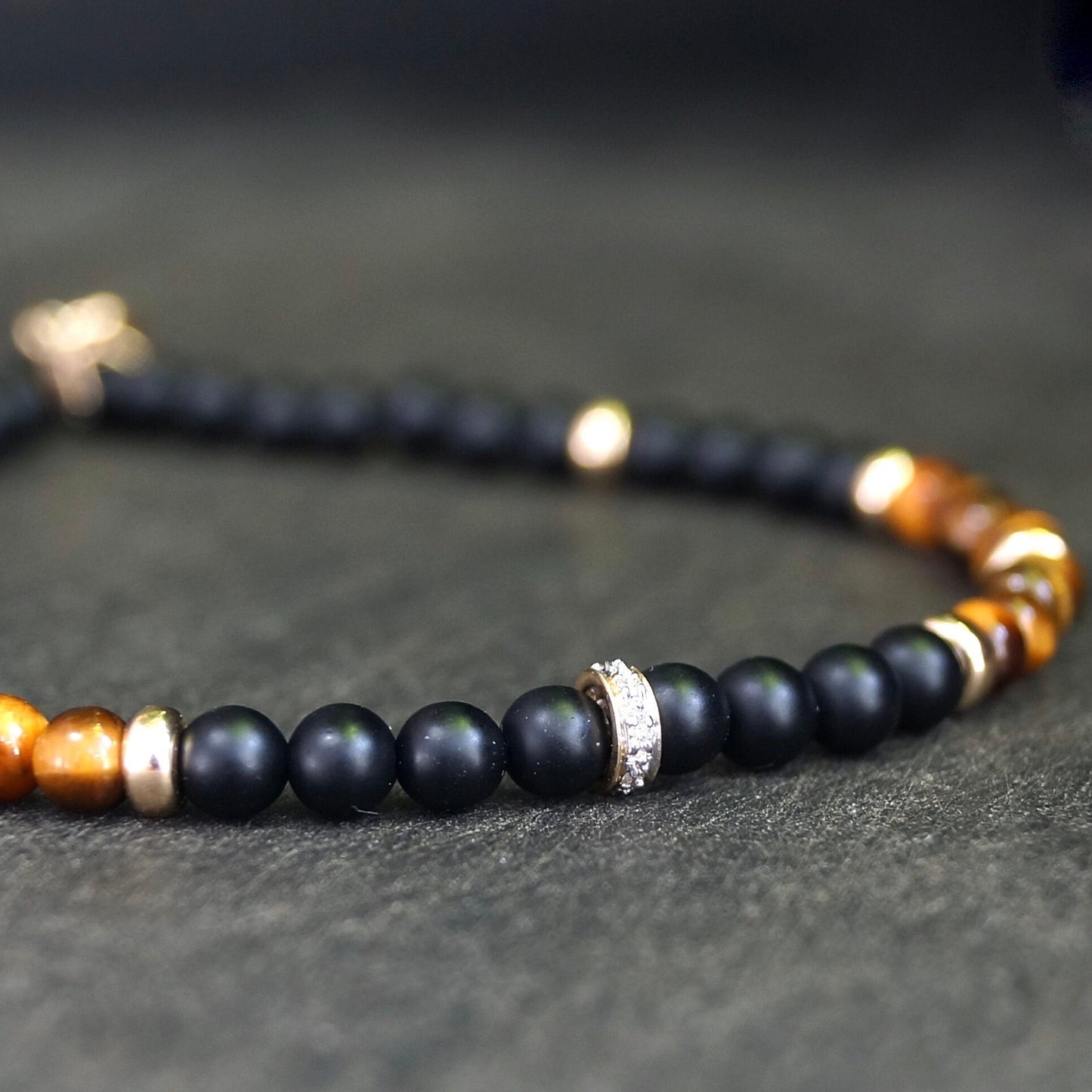 14K Solid Gold: Diamond & Tiger's Eye Bead Bracelet | 4mm | Natural Diamond |Black Gemstone |Fine Jewelry |For Him |Black Onyx