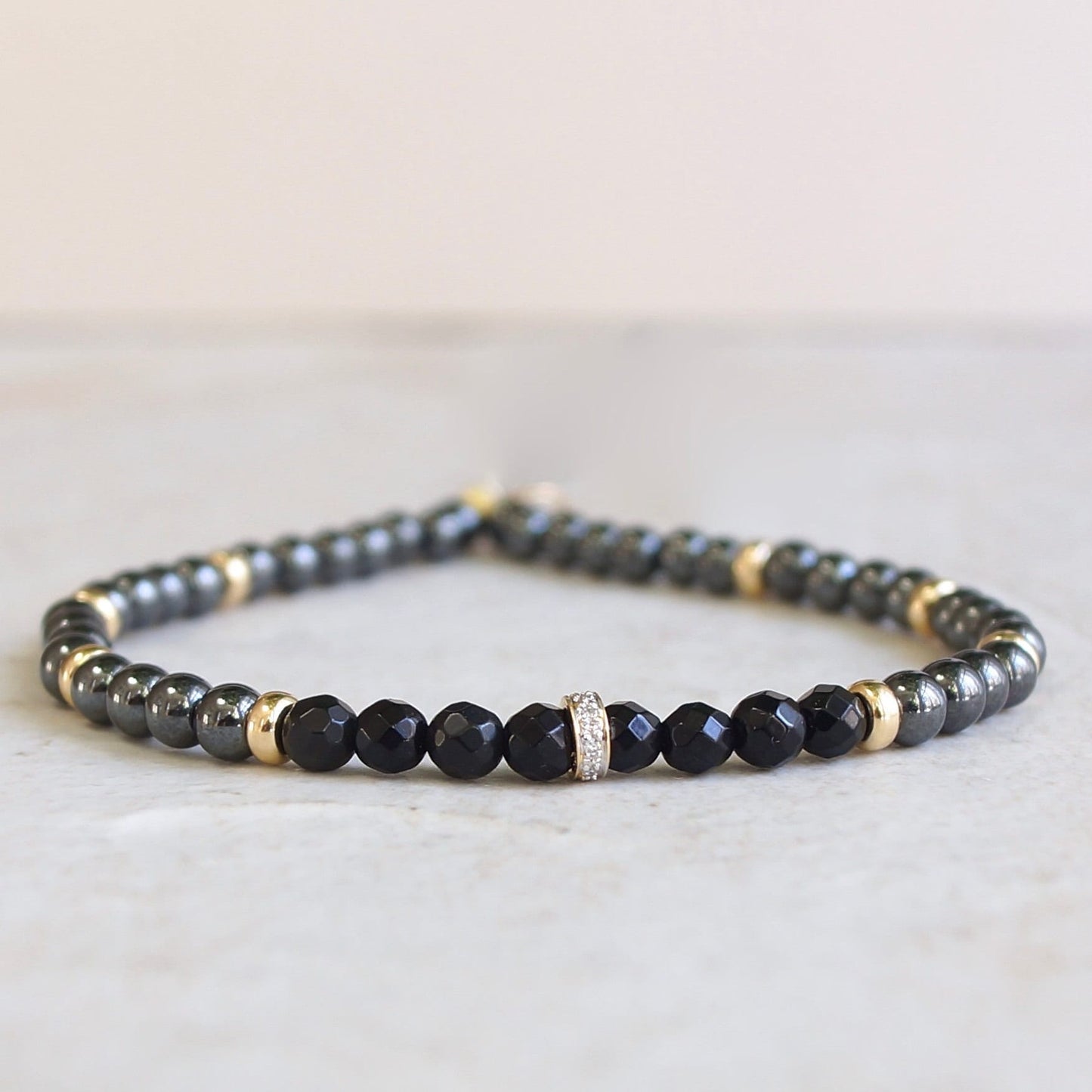 14K Solid Gold: Spiritual Bracelet| Hematite & Diamond Bead Bracelet| 4mm| Diamond| Metallic Grey| Father's Day | Fine Jewelry | For Him