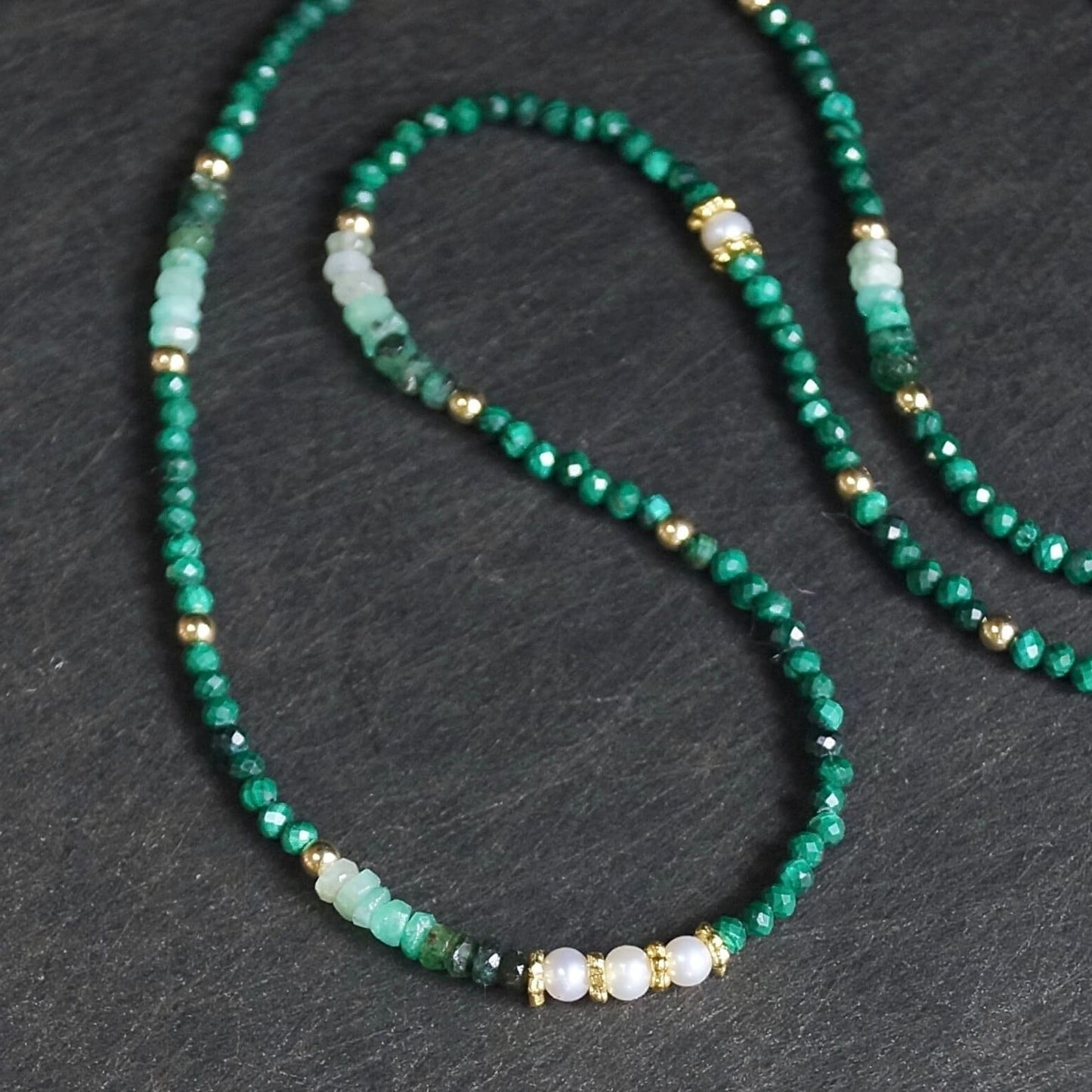 14K Solid Gold: Emerald & Malachite Necklace | Ombre Emerald| Gradient Green Necklace| Boho| Natural| Skinny Bead Necklace| Fine Jewelry