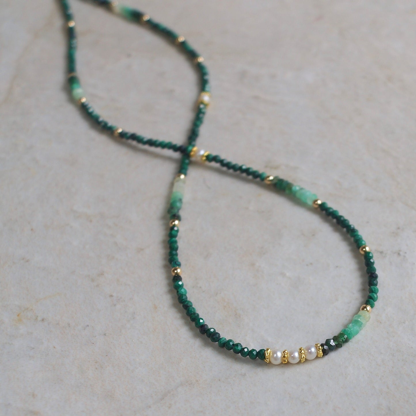 14K Solid Gold: Emerald & Malachite Necklace | Ombre Emerald| Gradient Green Necklace| Boho| Natural| Skinny Bead Necklace| Fine Jewelry