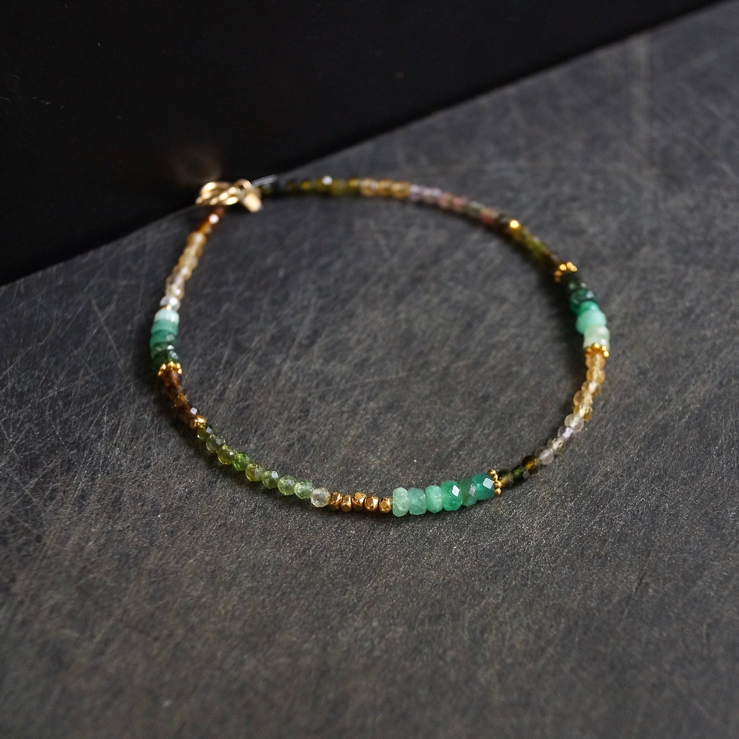 14K Solid Gold & 24K Vermeil: Emerald and Tourmaline Bracelet| Natural Emerald| Multi Tourmaline| Green| Boho| Bohemian