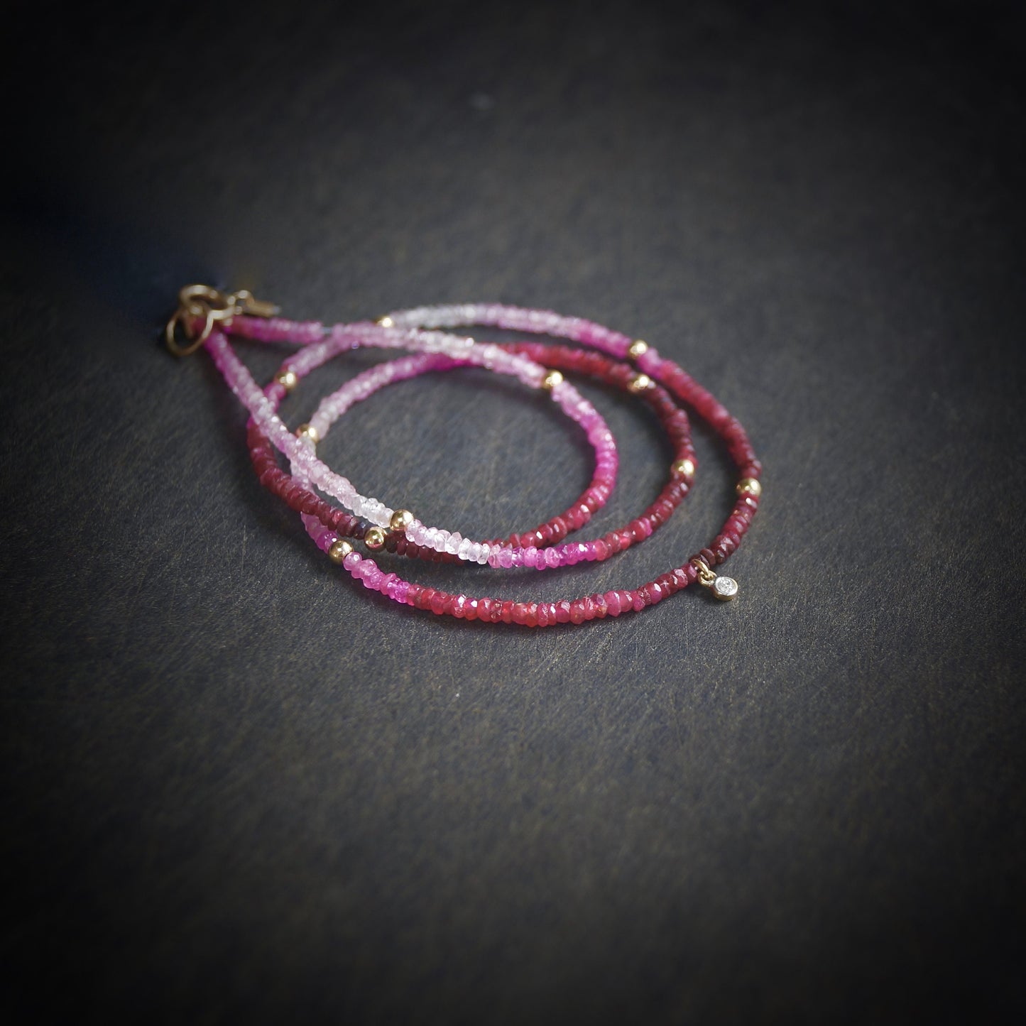 14K Solid Gold: Ombre Shaded Ruby Necklace, Very Skinny Beaded Necklace, October Birthstone, Red Ruby Fine Jewelry