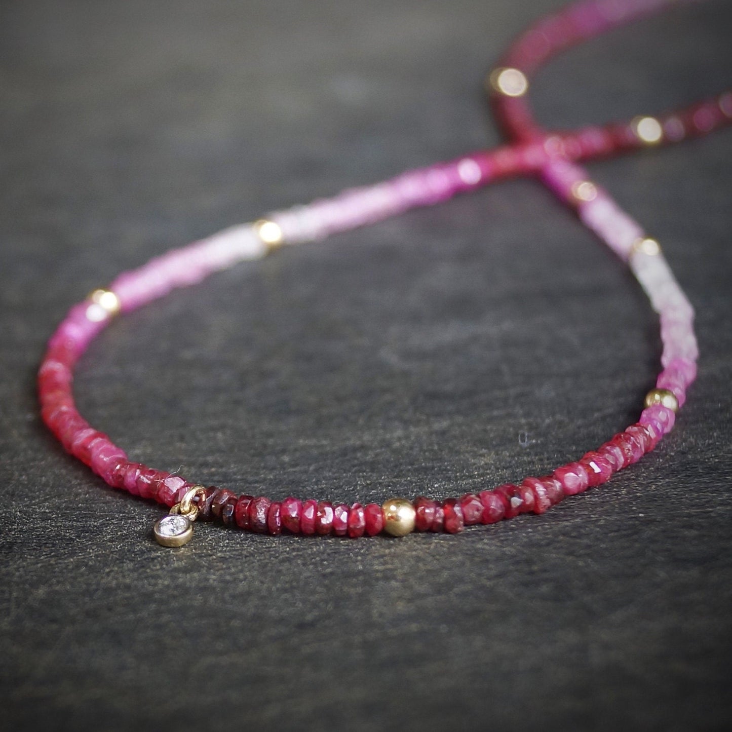 14K Solid Gold: Ombre Shaded Ruby Necklace, Very Skinny Beaded Necklace, October Birthstone, Red Ruby Fine Jewelry