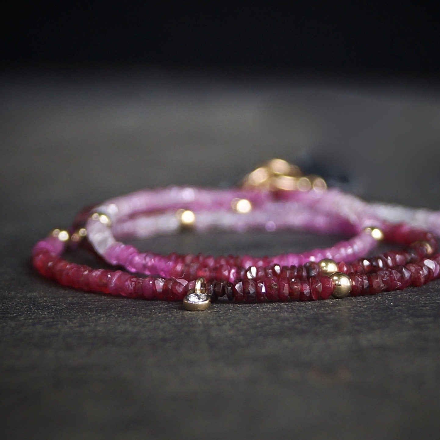 14K Solid Gold: Ombre Shaded Ruby Necklace, Very Skinny Beaded Necklace, October Birthstone, Red Ruby Fine Jewelry