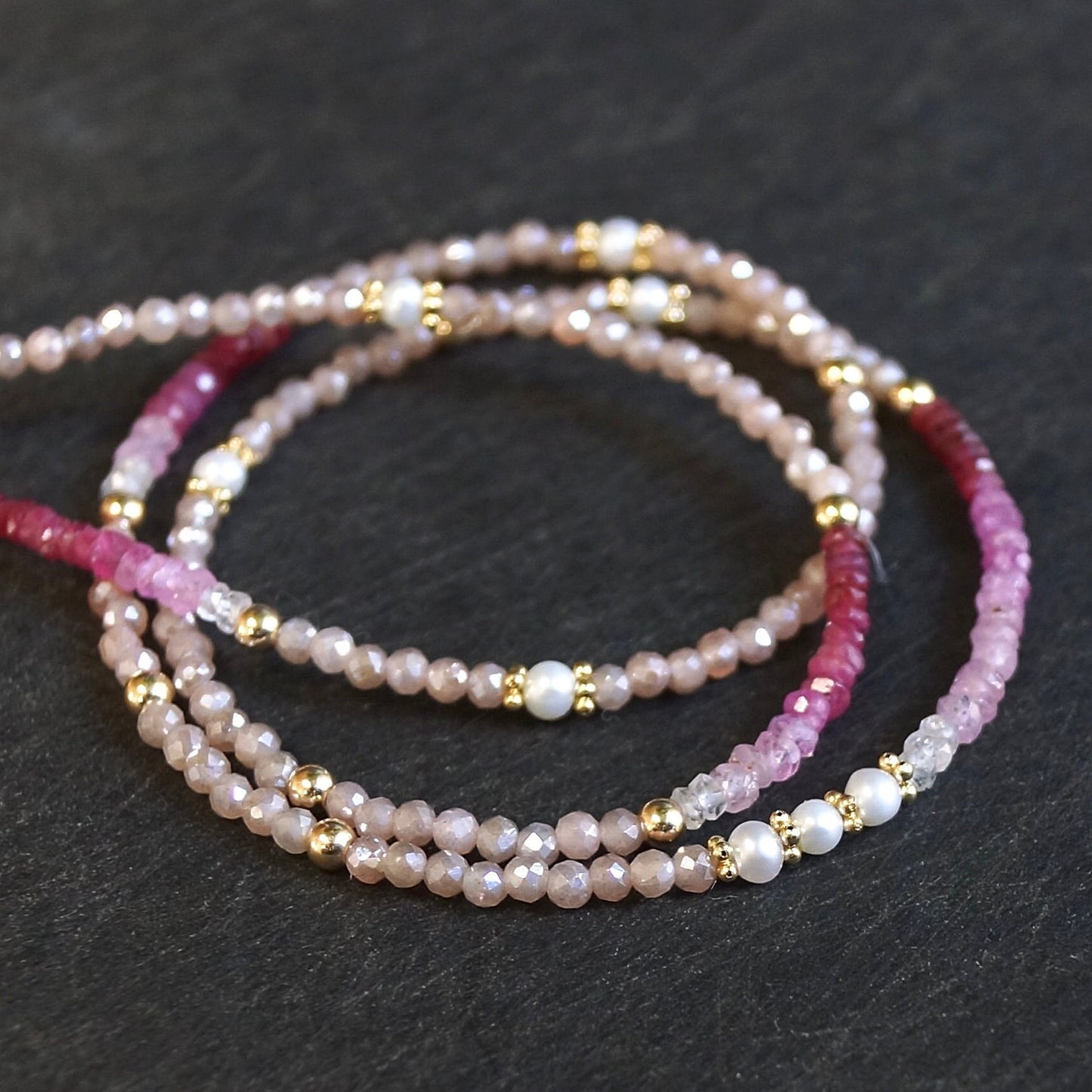 14K Solid Gold: Ruby & Peach Moonstone Necklace | Ombre Emerald| Gradient Pink Necklace| Boho| Natural| Skinny Bead Necklace| Fine Jewelry