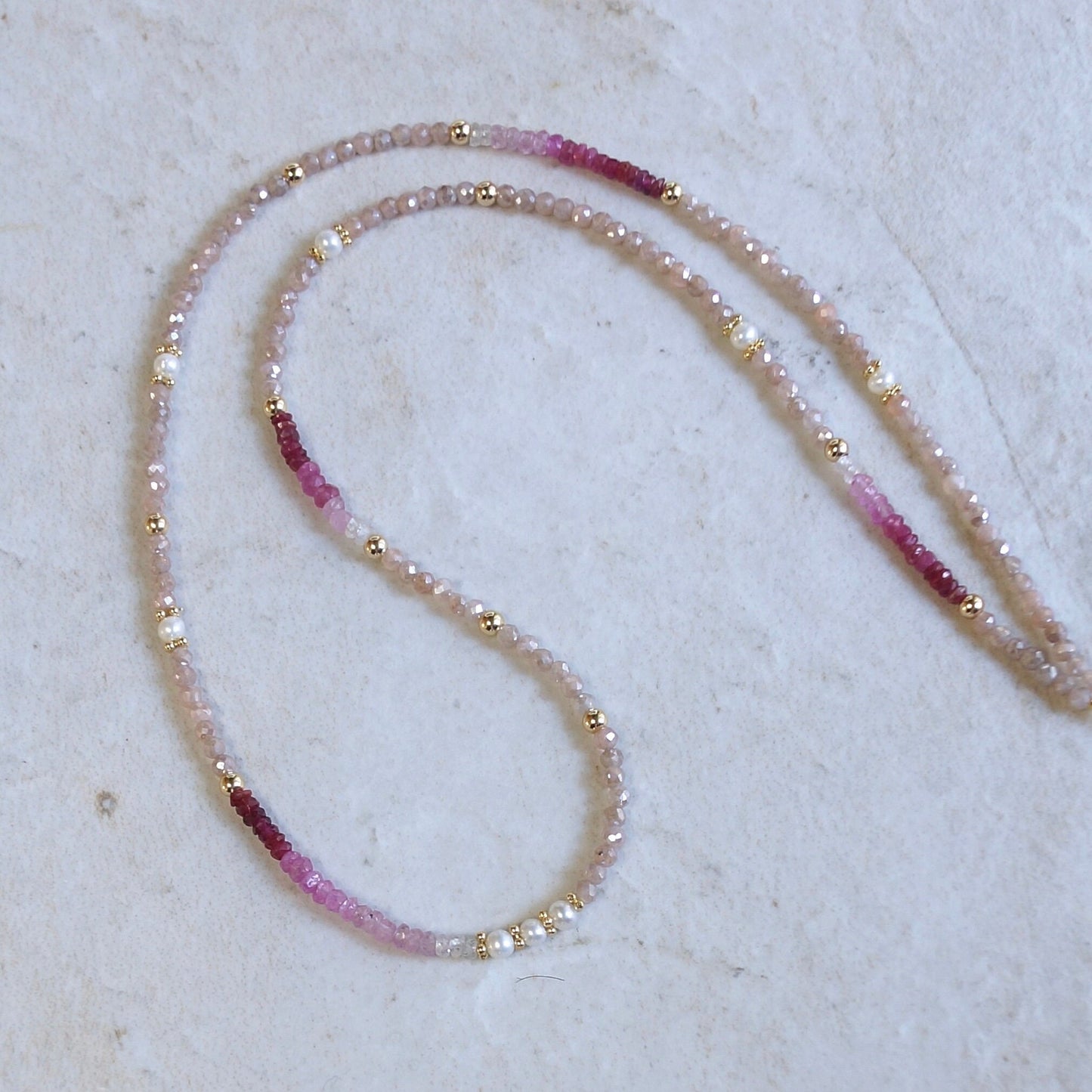 14K Solid Gold: Ruby & Peach Moonstone Necklace | Ombre Emerald| Gradient Pink Necklace| Boho| Natural| Skinny Bead Necklace| Fine Jewelry