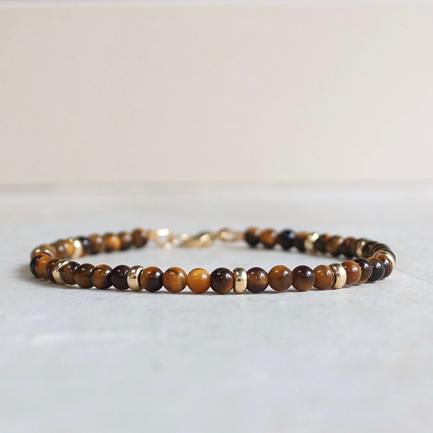 14K: Tiger's Eye Bead Bracelet | 4mm |  Spiritual Bracelet | Brown Gemstone | Fine Jewelry | For Him| Solid Gold