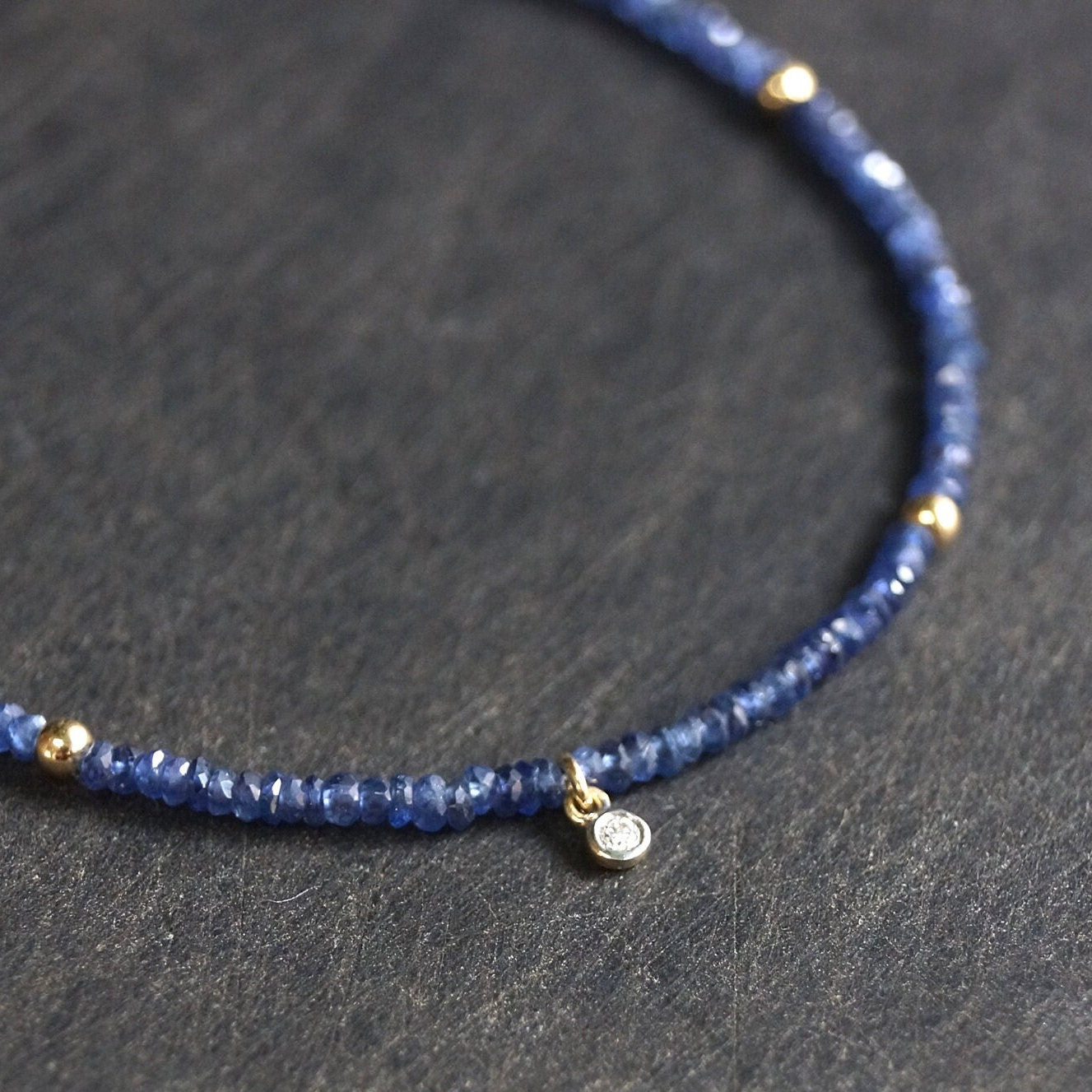 14K: Diamond & Blue Sapphire Bracelet |2mm |Natural Sapphire |Diamond Charm| Bead Bracelet| For Wife| Anniversary Gift| Solid Gold