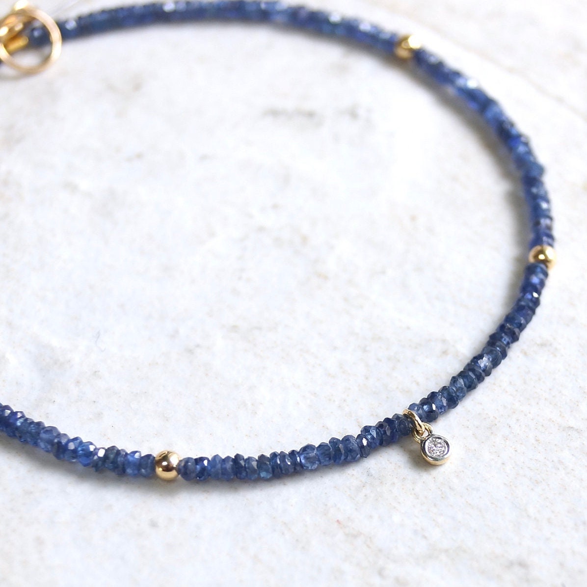 14K: Diamond & Blue Sapphire Bracelet |2mm |Natural Sapphire |Diamond Charm| Bead Bracelet| For Wife| Anniversary Gift| Solid Gold