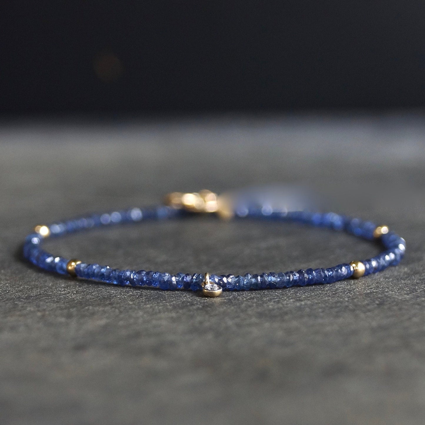 14K: Diamond & Blue Sapphire Bracelet |2mm |Natural Sapphire |Diamond Charm| Bead Bracelet| For Wife| Anniversary Gift| Solid Gold