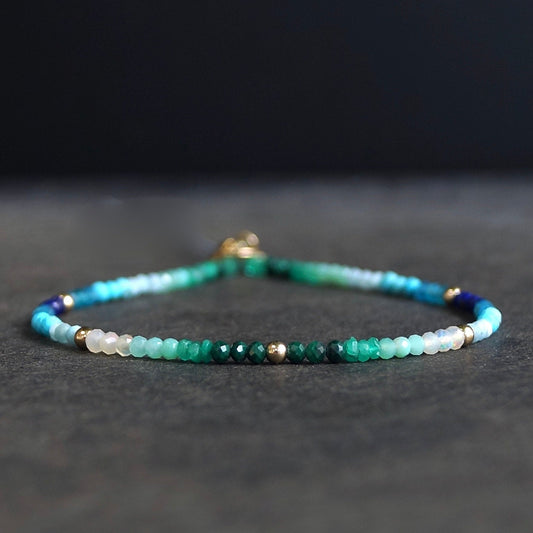 14K: Green Blue Ombre Bracelet | 2mm | Multi Color Bead | Rainbow Gemstone | Boho| Emerald Bracelet | Fine Jewelry | Anniversary