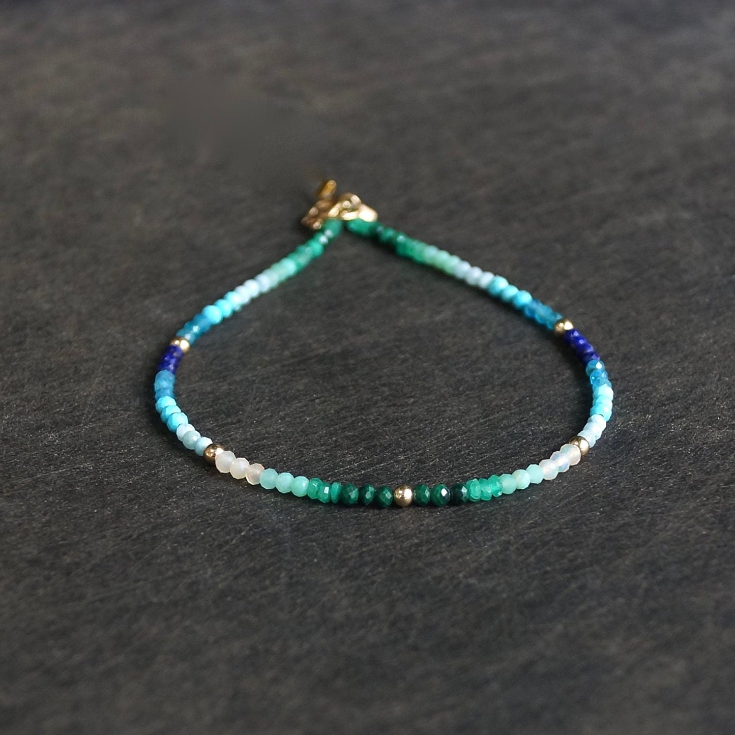 14K: Green Blue Ombre Bracelet | 2mm | Multi Color Bead | Rainbow Gemstone | Boho| Emerald Bracelet | Fine Jewelry | Anniversary