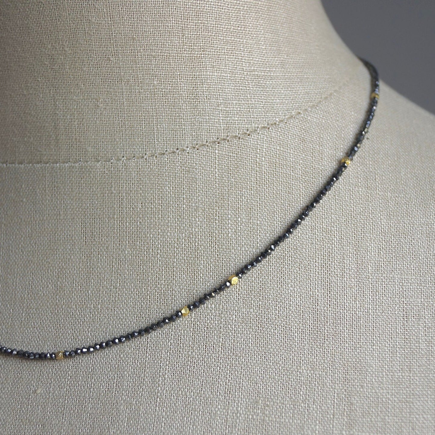 14K Solid Gold: Genuine Black Diamond Necklace, Choker, Real Natural Diamond, Skinny, Layering Choker, Beaded Precious Stone, Beaded Gold