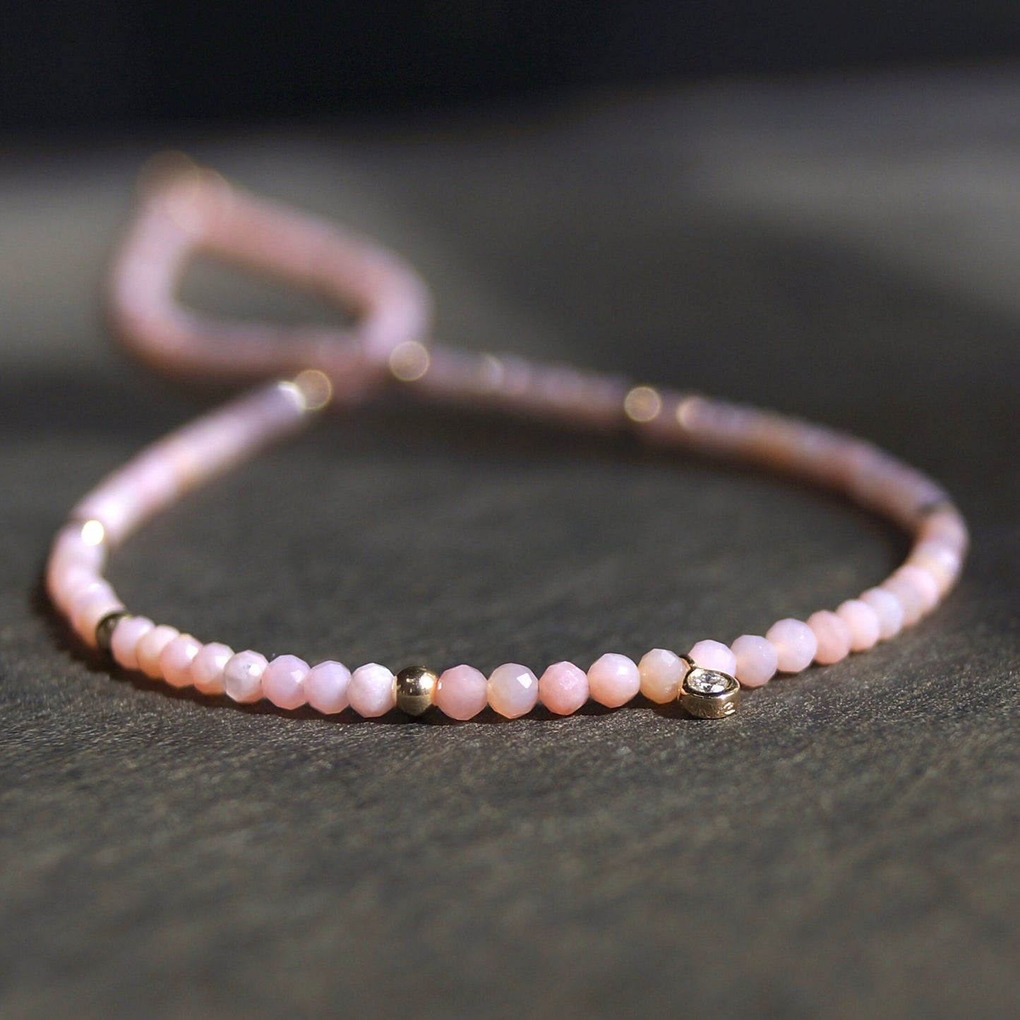 14K: Diamond & Pink Opal Necklace| 2.5mm | Pastel Pink Gemstone |Bead Necklace |Dainty Necklace | Fine Jewelry| For Wife| Anniversary Gift