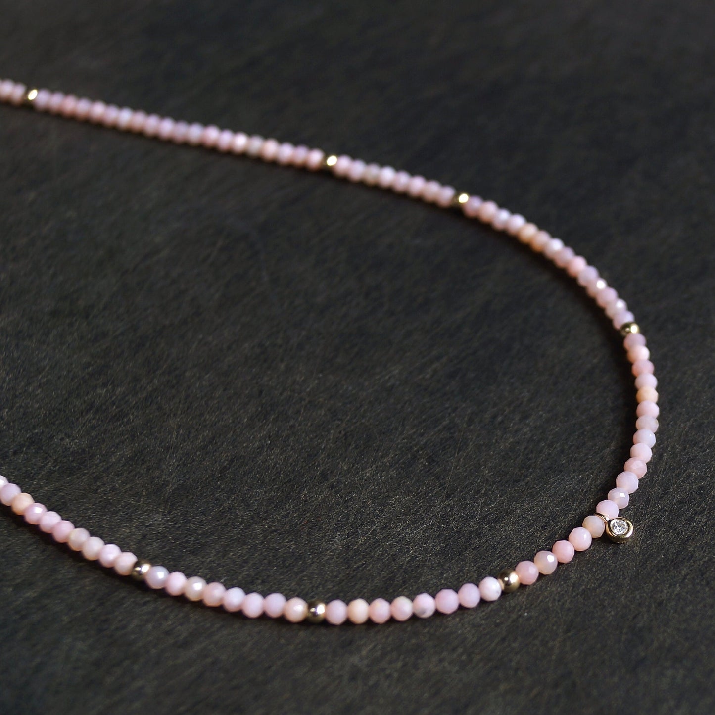 14K: Diamond & Pink Opal Necklace| 2.5mm | Pastel Pink Gemstone |Bead Necklace |Dainty Necklace | Fine Jewelry| For Wife| Anniversary Gift