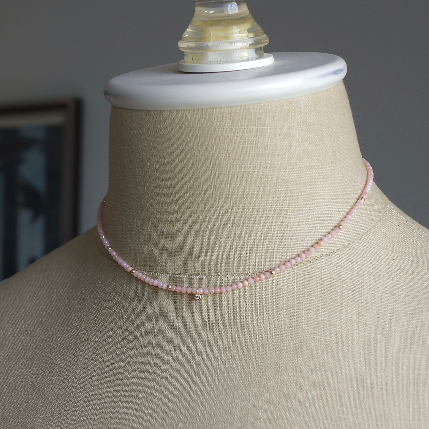 14K: Diamond & Pink Opal Necklace| 2.5mm | Pastel Pink Gemstone |Bead Necklace |Dainty Necklace | Fine Jewelry| For Wife| Anniversary Gift