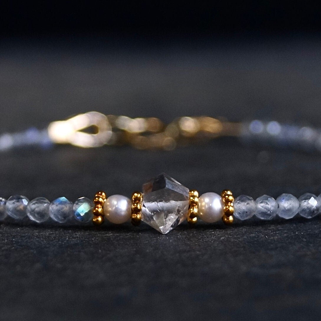 14K Solid Gold and Vermeil Herkimer Diamond Beaded Bracelet, Labradorite, Skinny Delicate Bracelet