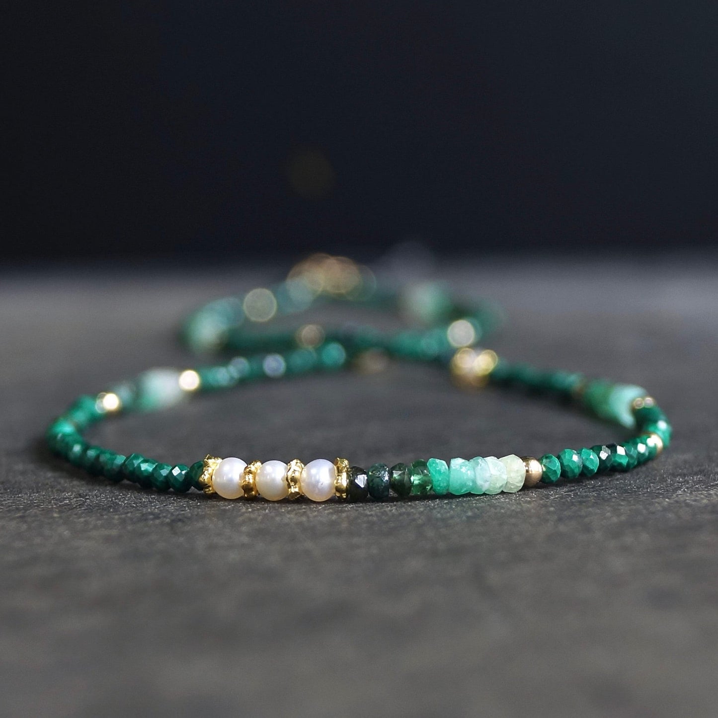 14K Solid Gold: Emerald & Malachite Necklace | Ombre Emerald| Gradient Green Necklace| Boho| Natural| Skinny Bead Necklace| Fine Jewelry