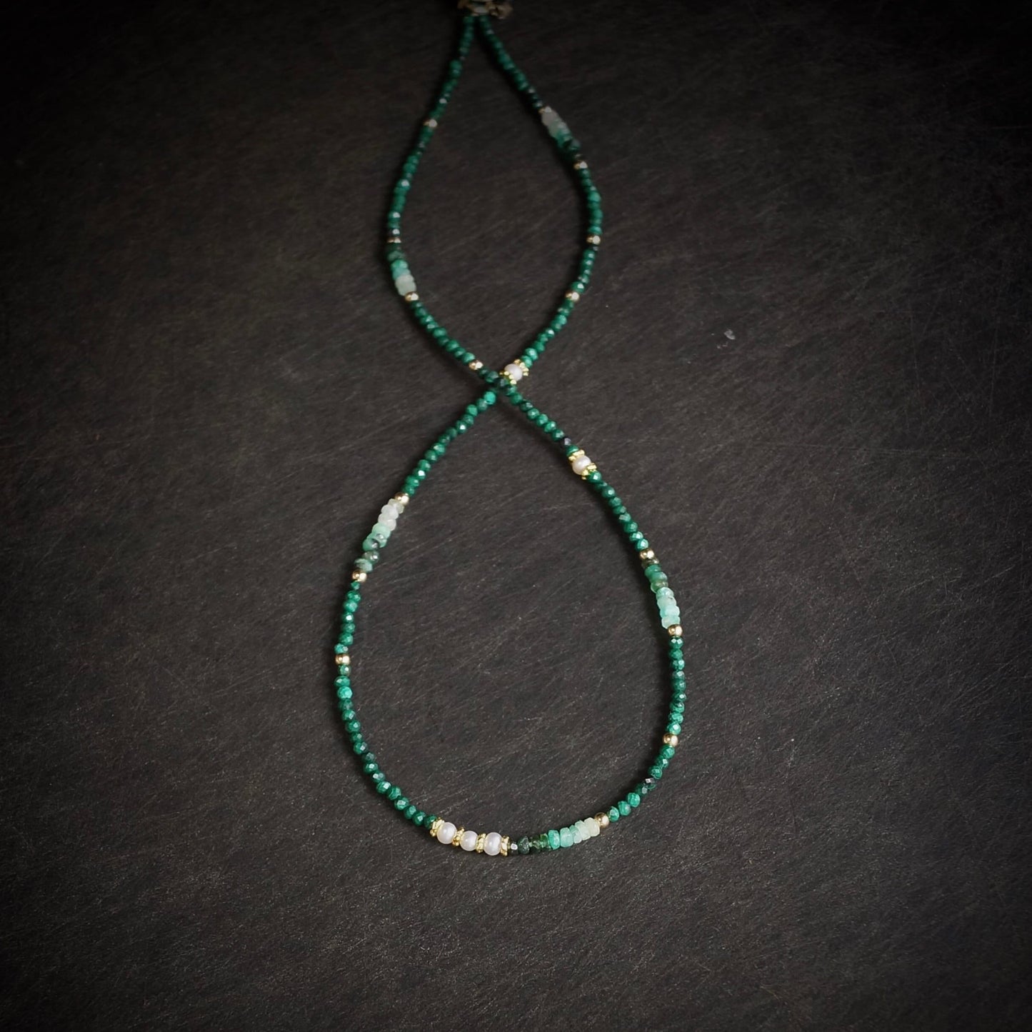 14K Solid Gold: Emerald & Malachite Necklace | Ombre Emerald| Gradient Green Necklace| Boho| Natural| Skinny Bead Necklace| Fine Jewelry