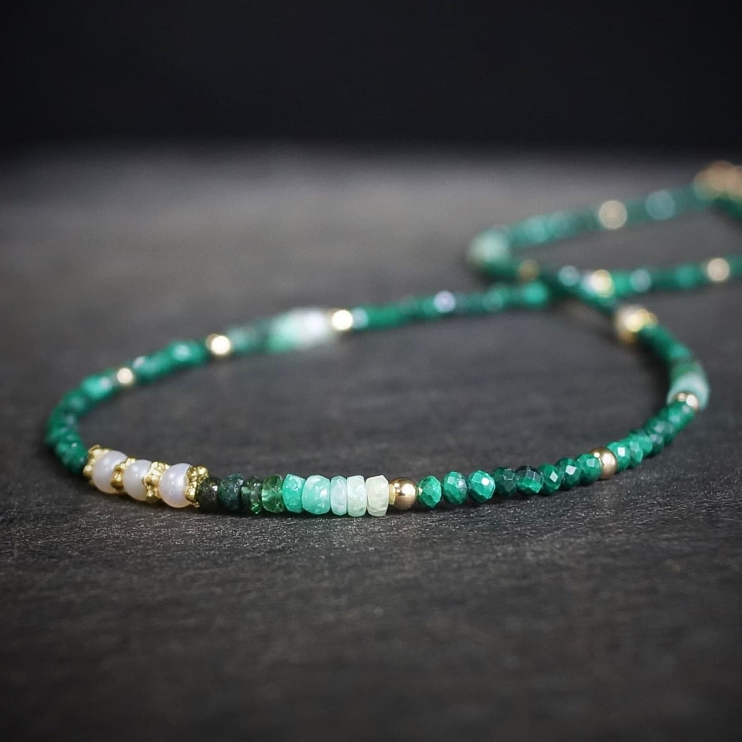 14K Solid Gold: Emerald & Malachite Necklace | Ombre Emerald| Gradient Green Necklace| Boho| Natural| Skinny Bead Necklace| Fine Jewelry