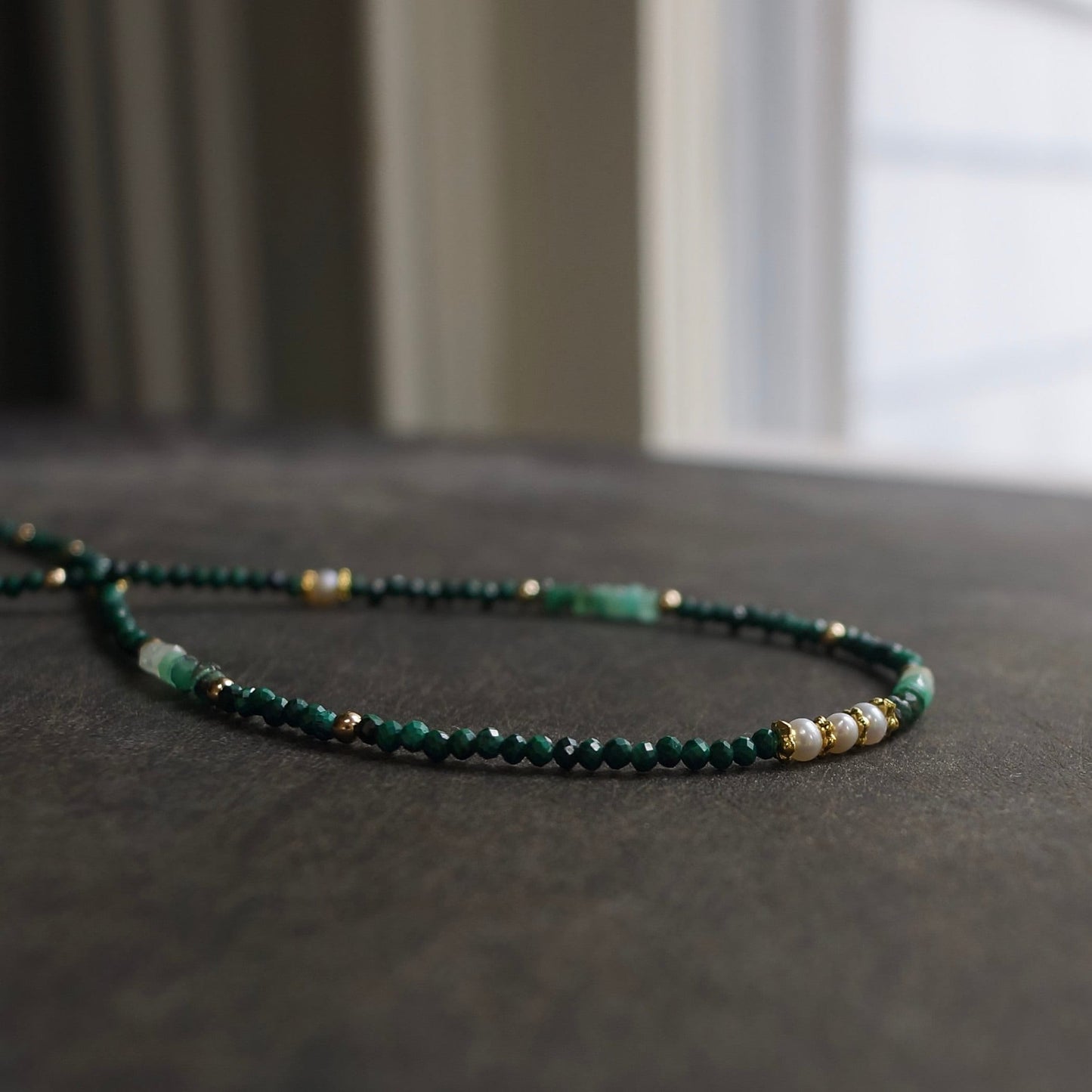 14K Solid Gold: Emerald & Malachite Necklace | Ombre Emerald| Gradient Green Necklace| Boho| Natural| Skinny Bead Necklace| Fine Jewelry