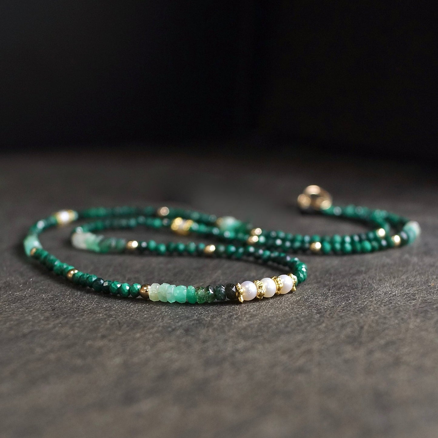 14K Solid Gold: Emerald & Malachite Necklace | Ombre Emerald| Gradient Green Necklace| Boho| Natural| Skinny Bead Necklace| Fine Jewelry