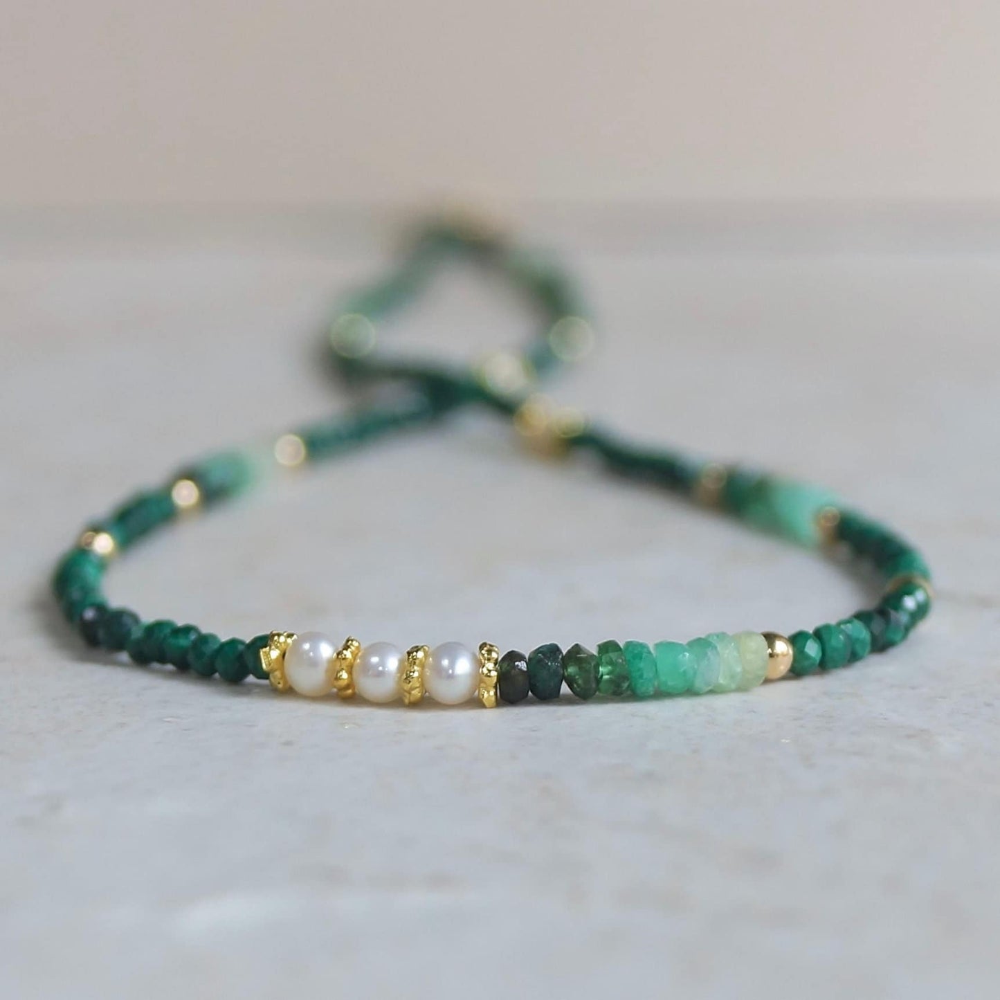 14K Solid Gold: Emerald & Malachite Necklace | Ombre Emerald| Gradient Green Necklace| Boho| Natural| Skinny Bead Necklace| Fine Jewelry