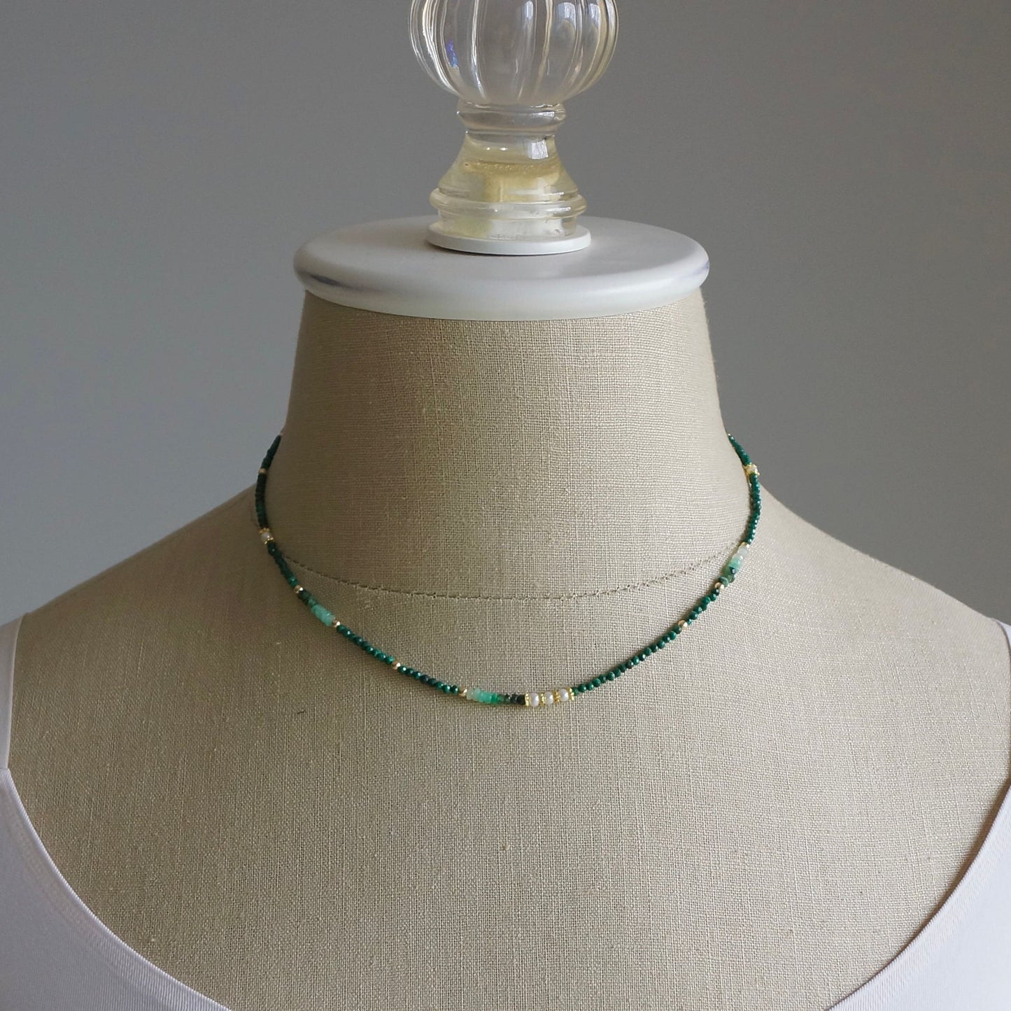 14K Solid Gold: Emerald & Malachite Necklace | Ombre Emerald| Gradient Green Necklace| Boho| Natural| Skinny Bead Necklace| Fine Jewelry