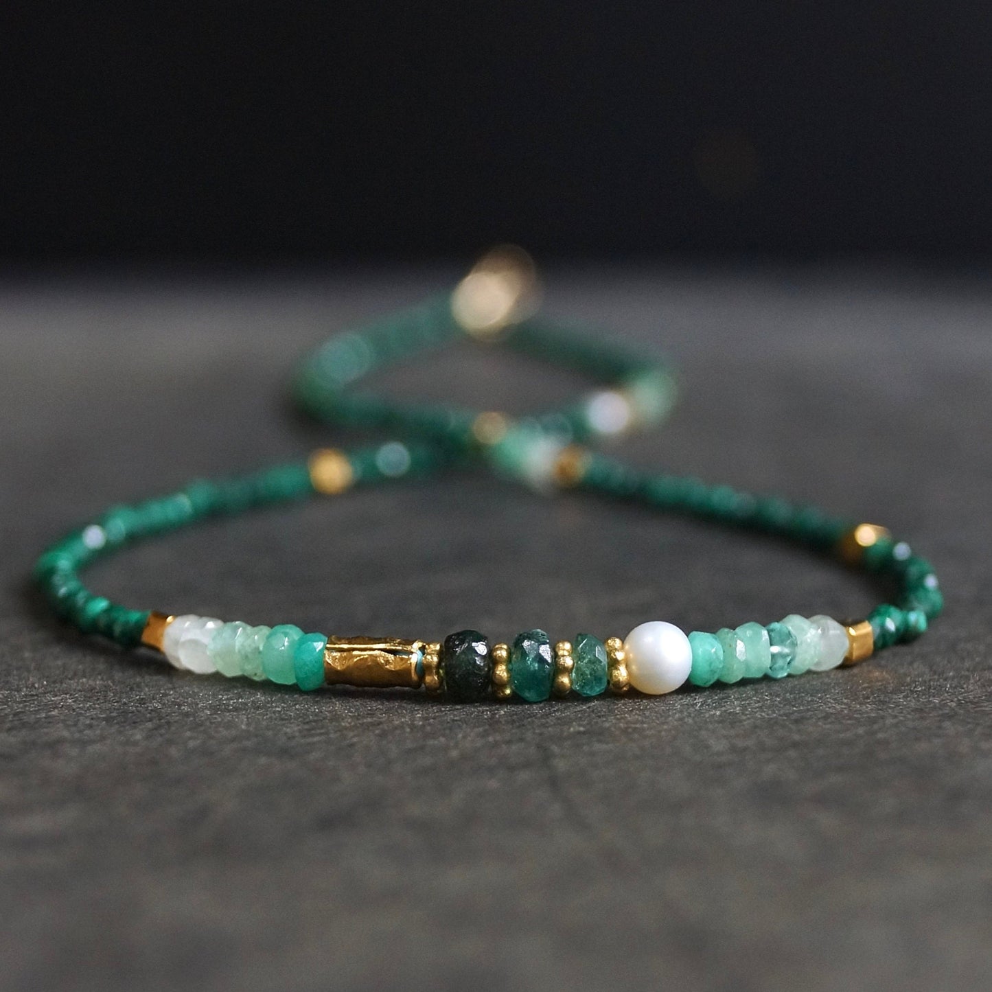 14K Solid Gold and Vermeil: Malachite Beaded Necklace, Ombre Emerald, Shaded Green Gemstone, Boho, Bohemian, Skinny Necklace, Fine Jewelry