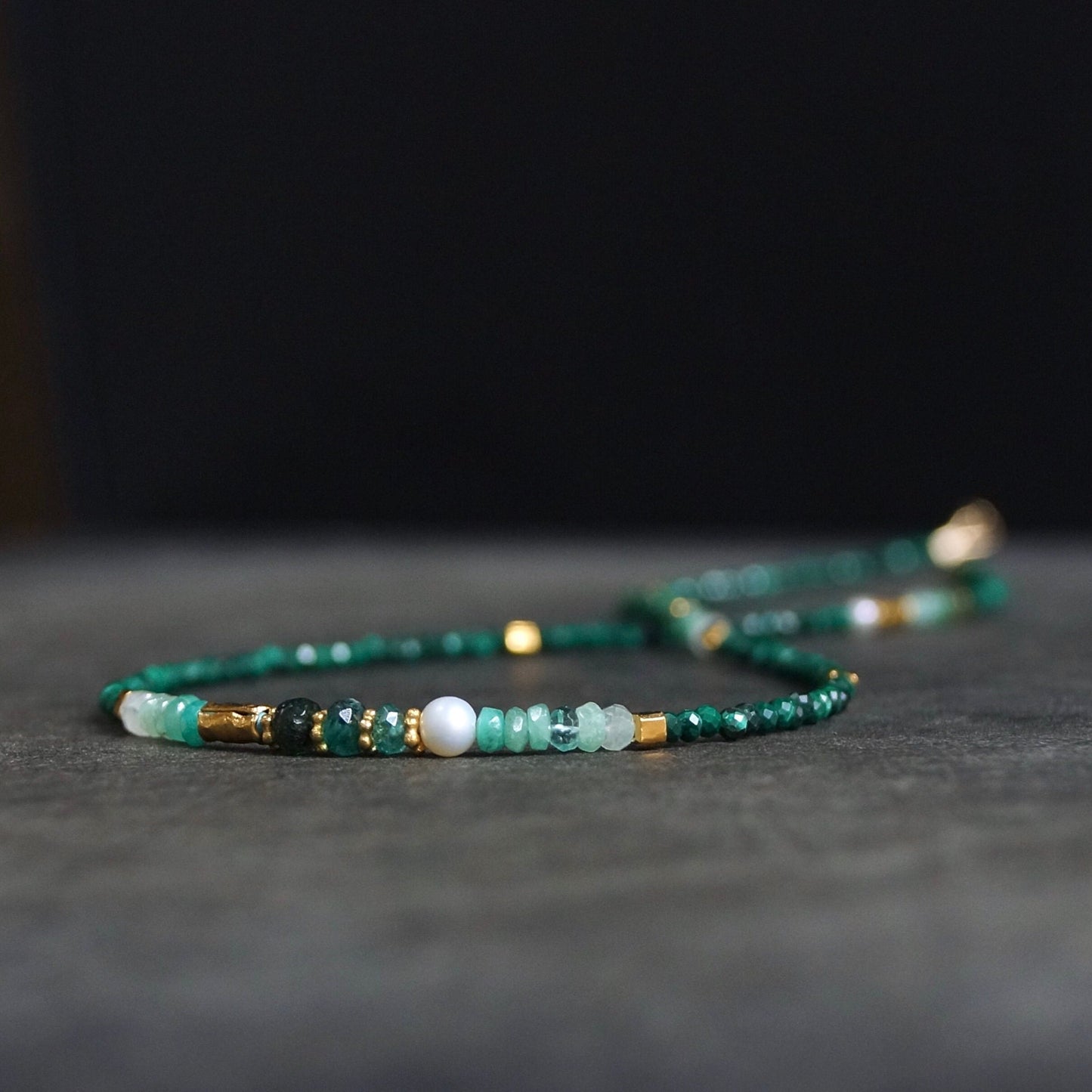 14K Solid Gold and Vermeil: Malachite Beaded Necklace, Ombre Emerald, Shaded Green Gemstone, Boho, Bohemian, Skinny Necklace, Fine Jewelry