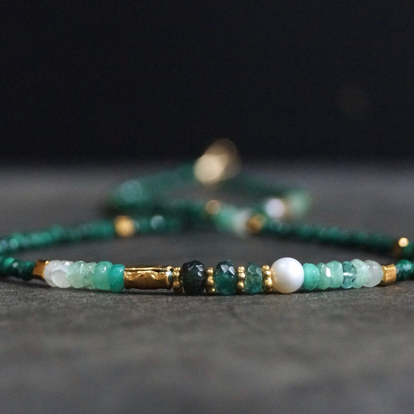 14K Solid Gold and Vermeil: Malachite Beaded Necklace, Ombre Emerald, Shaded Green Gemstone, Boho, Bohemian, Skinny Necklace, Fine Jewelry