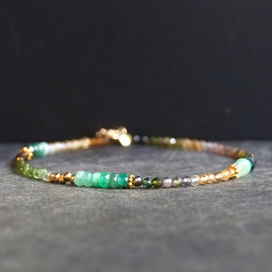 14K Solid Gold & 24K Vermeil: Emerald and Tourmaline Bracelet| Natural Emerald| Multi Tourmaline| Green| Boho| Bohemian