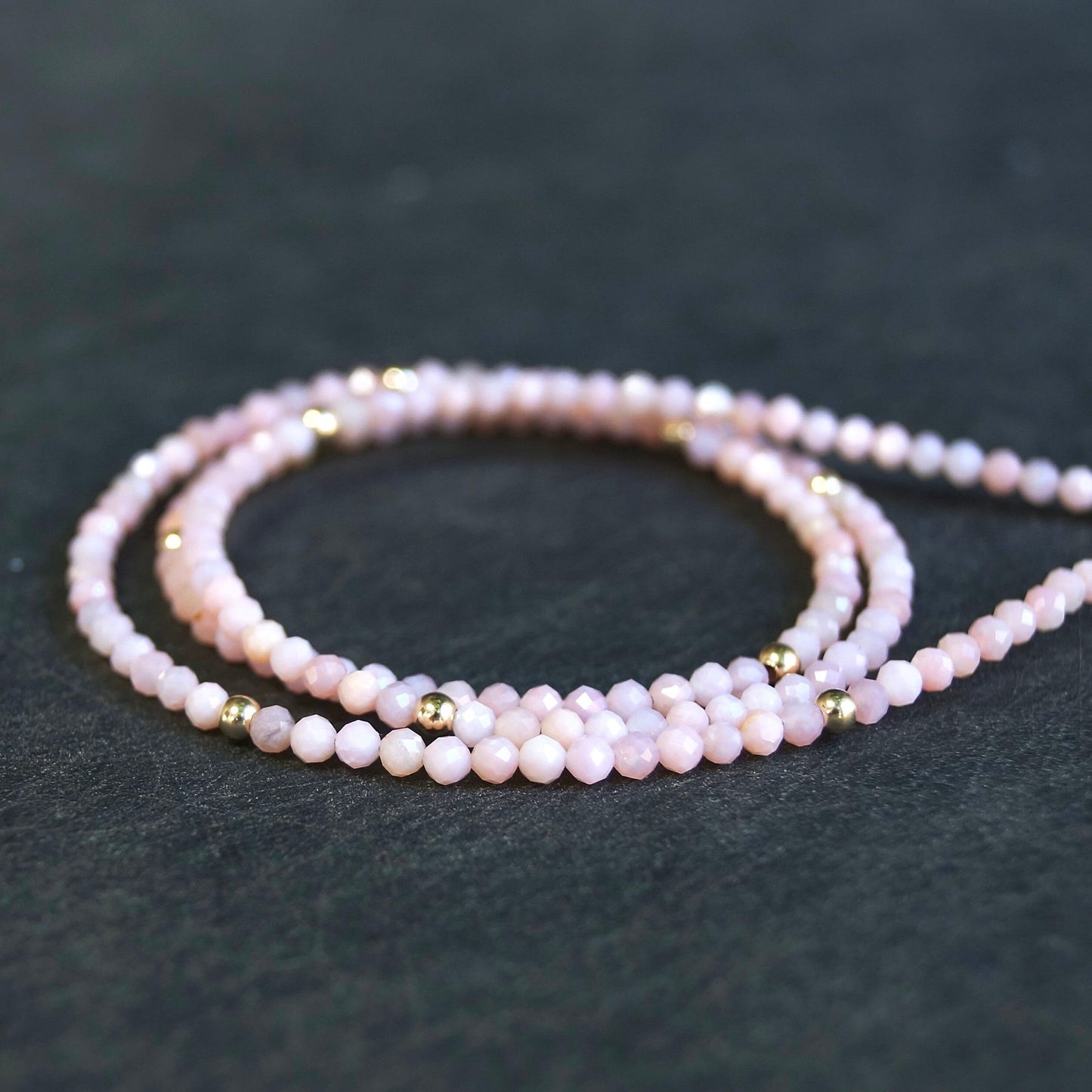 14K Solid Gold: Pink Opal Beaded Necklace, Light Pink Necklace, Fine Jewelry, Layered Necklace, Skinny Necklace, Pink Gemstone