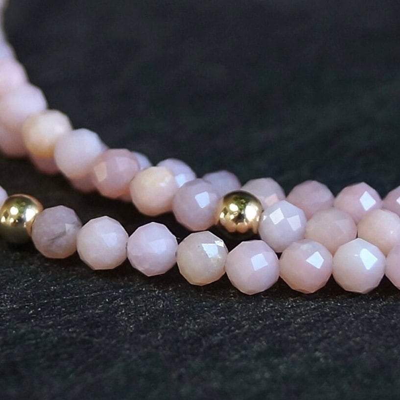 14K Solid Gold: Pink Opal Beaded Necklace, Light Pink Necklace, Fine Jewelry, Layered Necklace, Skinny Necklace, Pink Gemstone