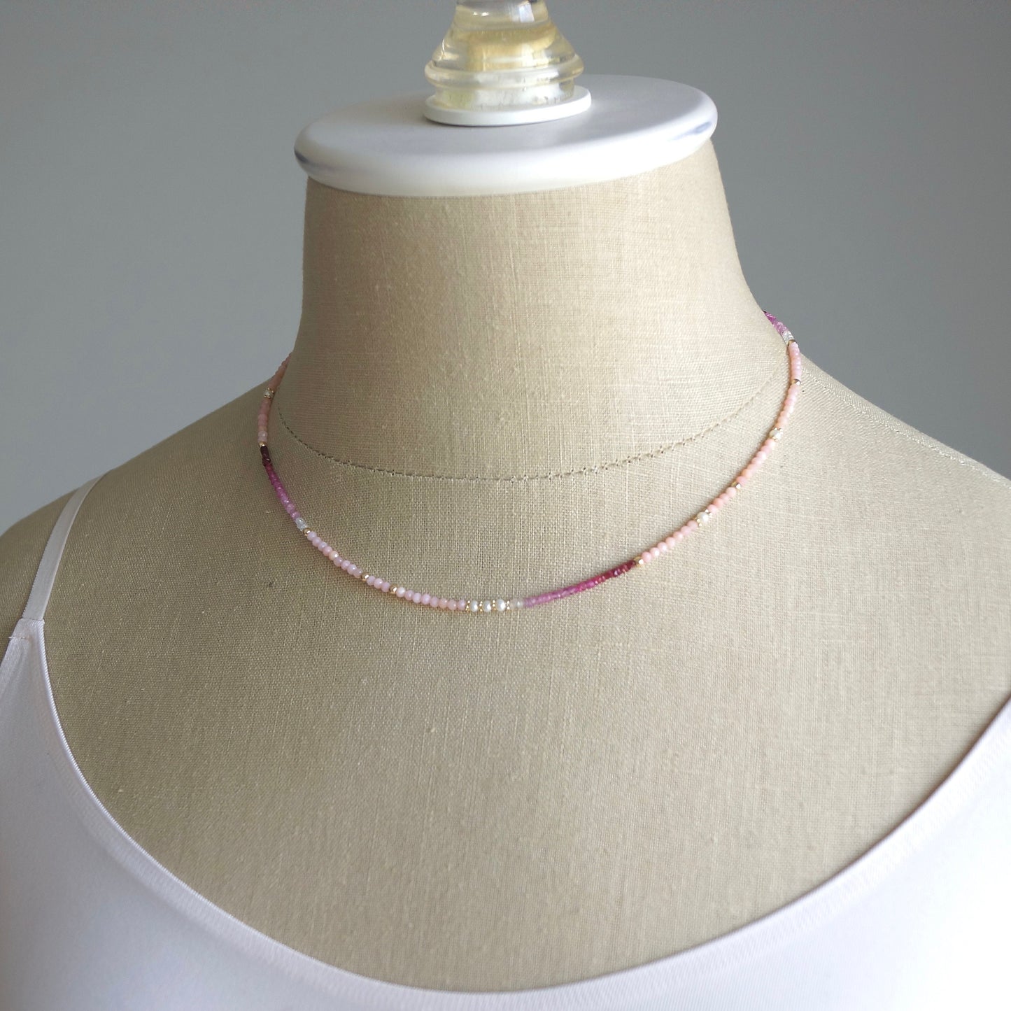 14K Solid Gold: Ruby & Pink Opal Necklace | Ombre Ruby| Gradient Pink Necklace| Boho| Natural| Skinny Bead Necklace| Fine Jewelry