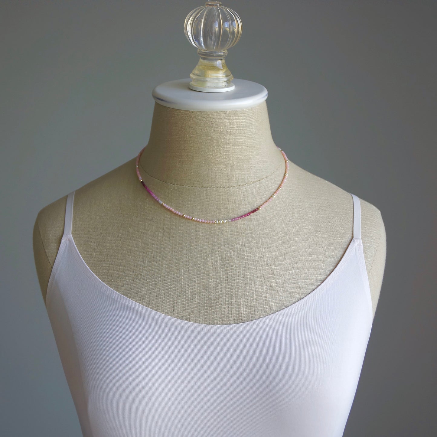 14K Solid Gold: Ruby & Pink Opal Necklace | Ombre Ruby| Gradient Pink Necklace| Boho| Natural| Skinny Bead Necklace| Fine Jewelry