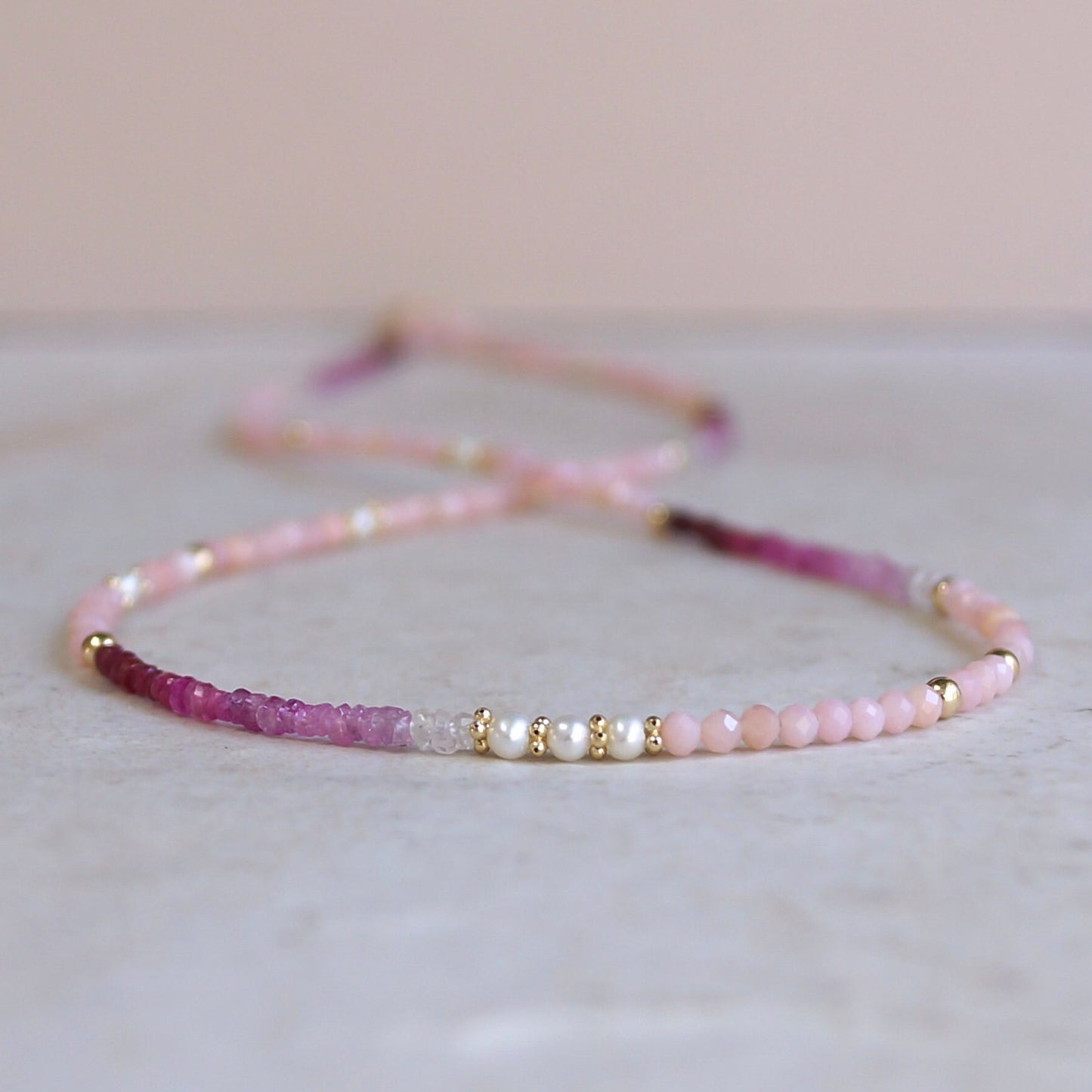 14K Solid Gold: Ruby & Pink Opal Necklace | Ombre Ruby| Gradient Pink Necklace| Boho| Natural| Skinny Bead Necklace| Fine Jewelry