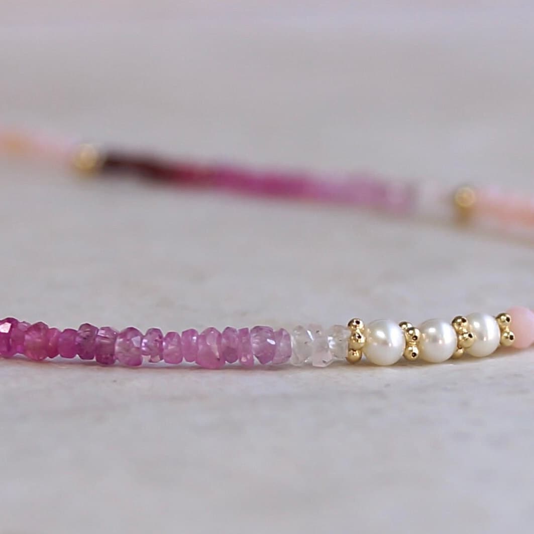 14K Solid Gold: Ruby & Pink Opal Bracelet | Ombre Ruby| Gradient Pink Bracelet| Boho| Natural| Skinny Bead Bracelet| Fine Jewelry