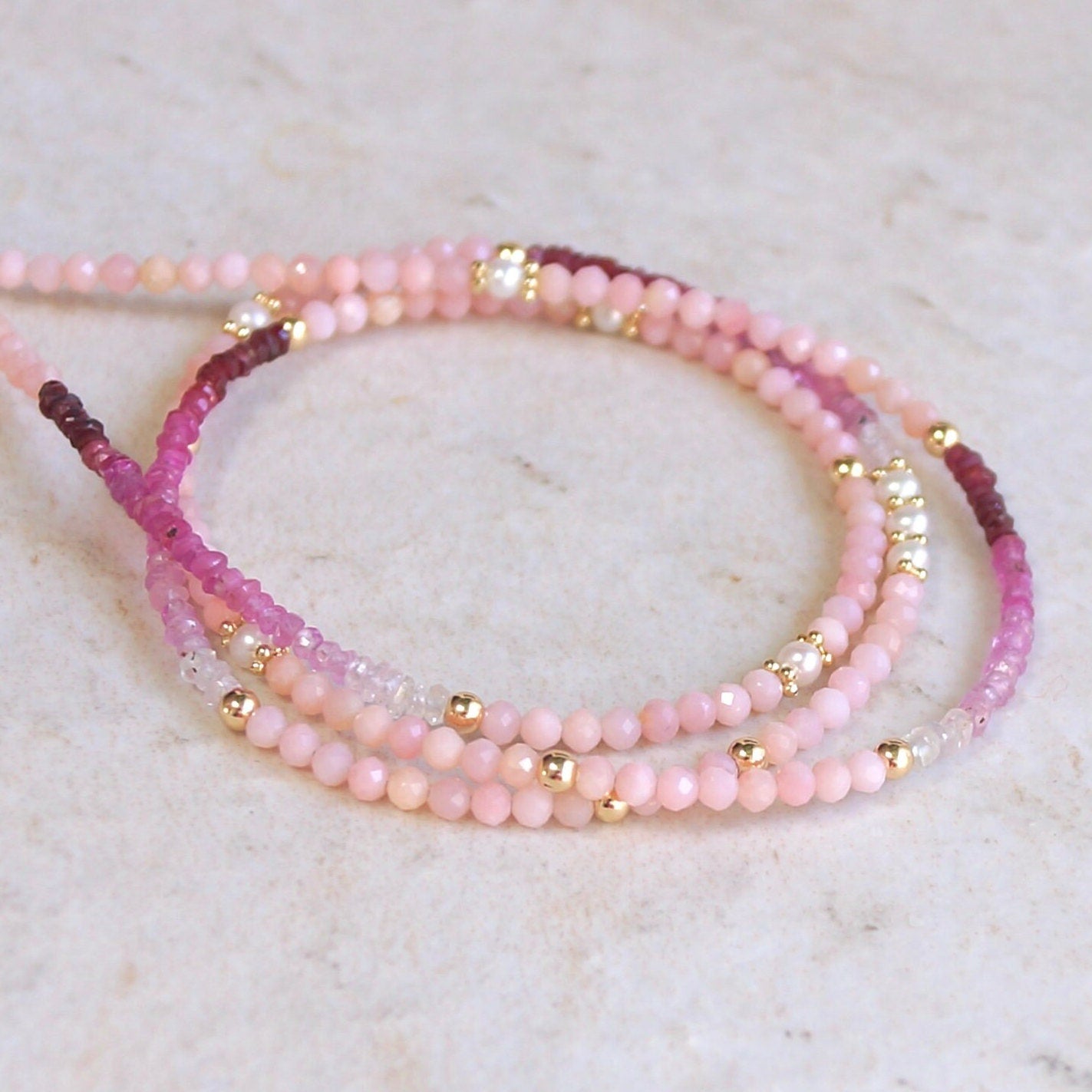 14K Solid Gold: Ruby & Pink Opal Necklace | Ombre Ruby| Gradient Pink Necklace| Boho| Natural| Skinny Bead Necklace| Fine Jewelry