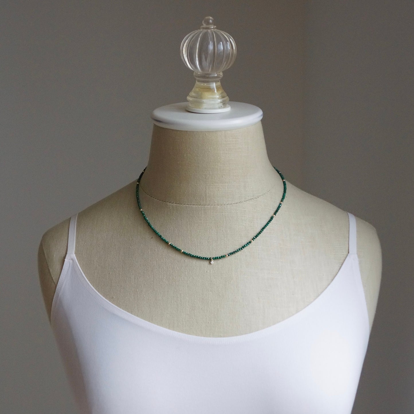 14K: Diamond & Malachite Necklace| 2.5mm | Green Gemstone |Bead Necklace |Dainty Necklace | Fine Jewelry| For Wife| Anniversary Gift