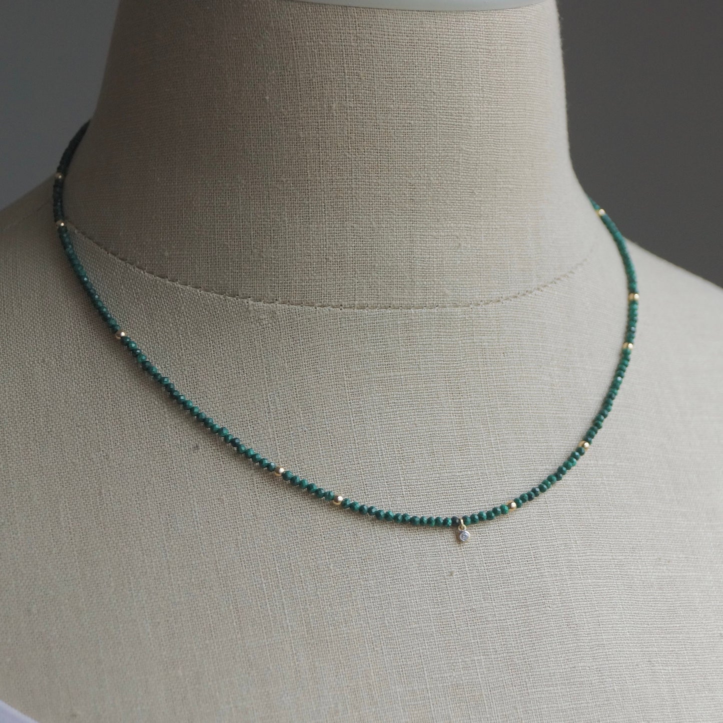 14K: Diamond & Malachite Necklace| 2.5mm | Green Gemstone |Bead Necklace |Dainty Necklace | Fine Jewelry| For Wife| Anniversary Gift