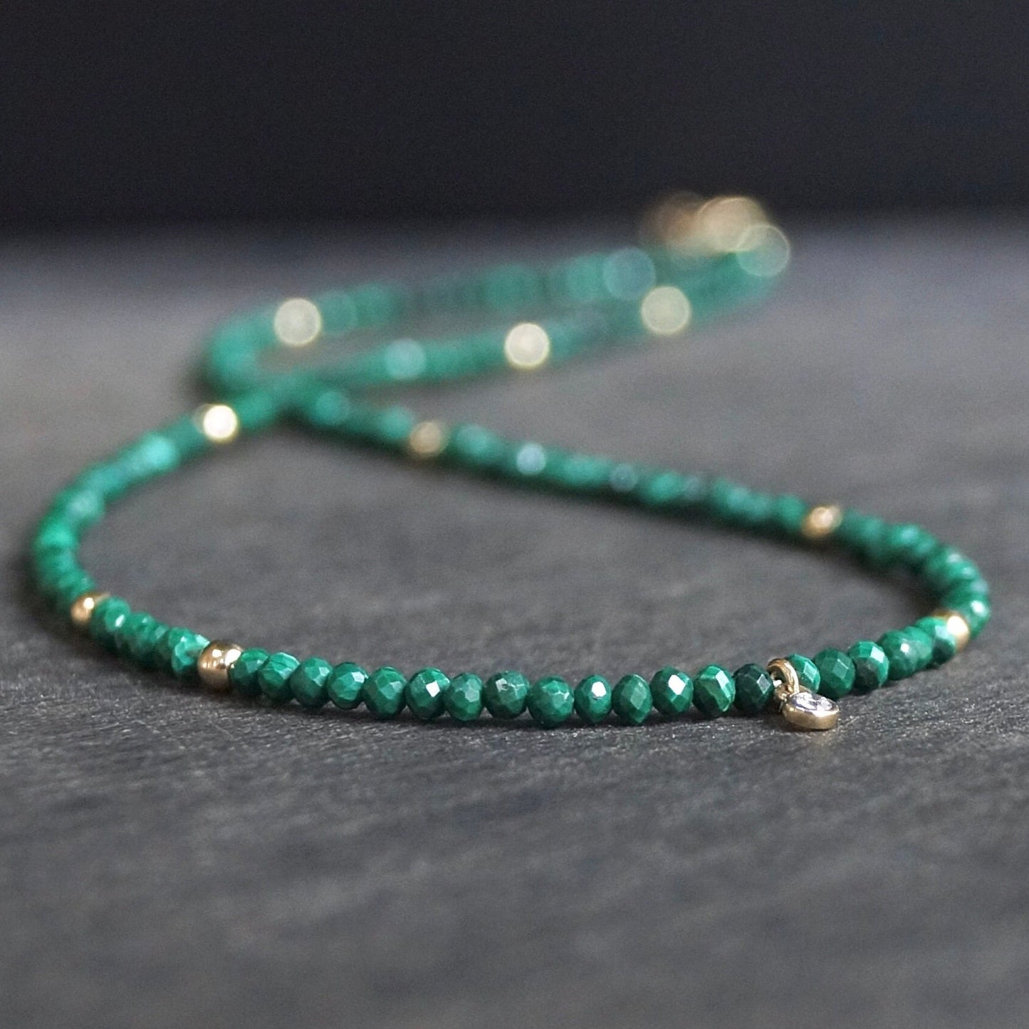 14K: Diamond & Malachite Necklace| 2.5mm | Green Gemstone |Bead Necklace |Dainty Necklace | Fine Jewelry| For Wife| Anniversary Gift